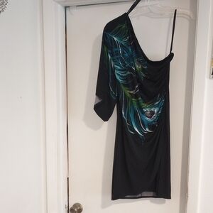 Bisou Bisou Black One-Shoulder Dress with Peacock Feather Motif